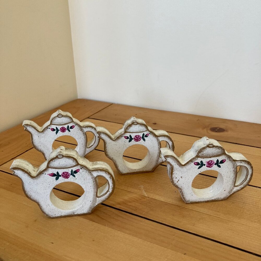 Teapot Shape Napkin Rings Set of 4 Wooden Hand Painted Floral Design 3" tall